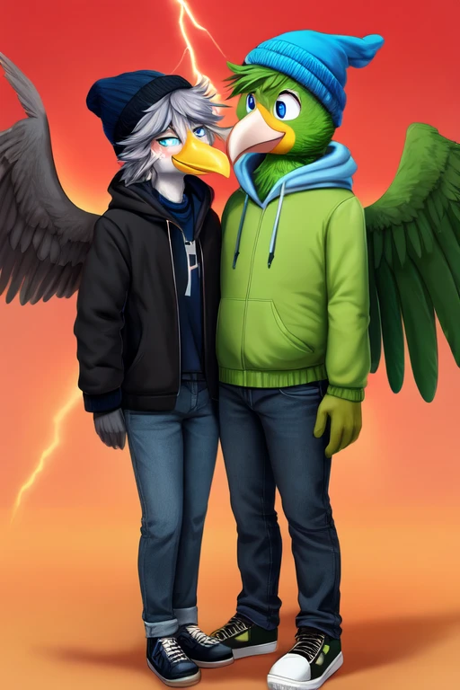 animal Green bird with black coat of American student, blue jeans, shoes black, wings, blush on cheek, lightning blue eyes, blue beanie, yellow neck and gray beak and messy hair