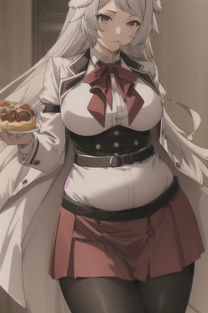 æ®é²å¡å¨,1girl,dog ears,grey hair,long hair,very long hair,bangs,red eyes,ears down,dog girl,solo,
red bowtie,white jacket,open jacket,red skirt,neck ribbon,dog tail,black pantyhose,breasts,((huge belly)),belt,black corset,long sleeves,,white shirt,high-waist skirt,collared shirt,
meat,eating,holding food,food,, Exquisite visuals, high-definition,masterpiece,best quality,