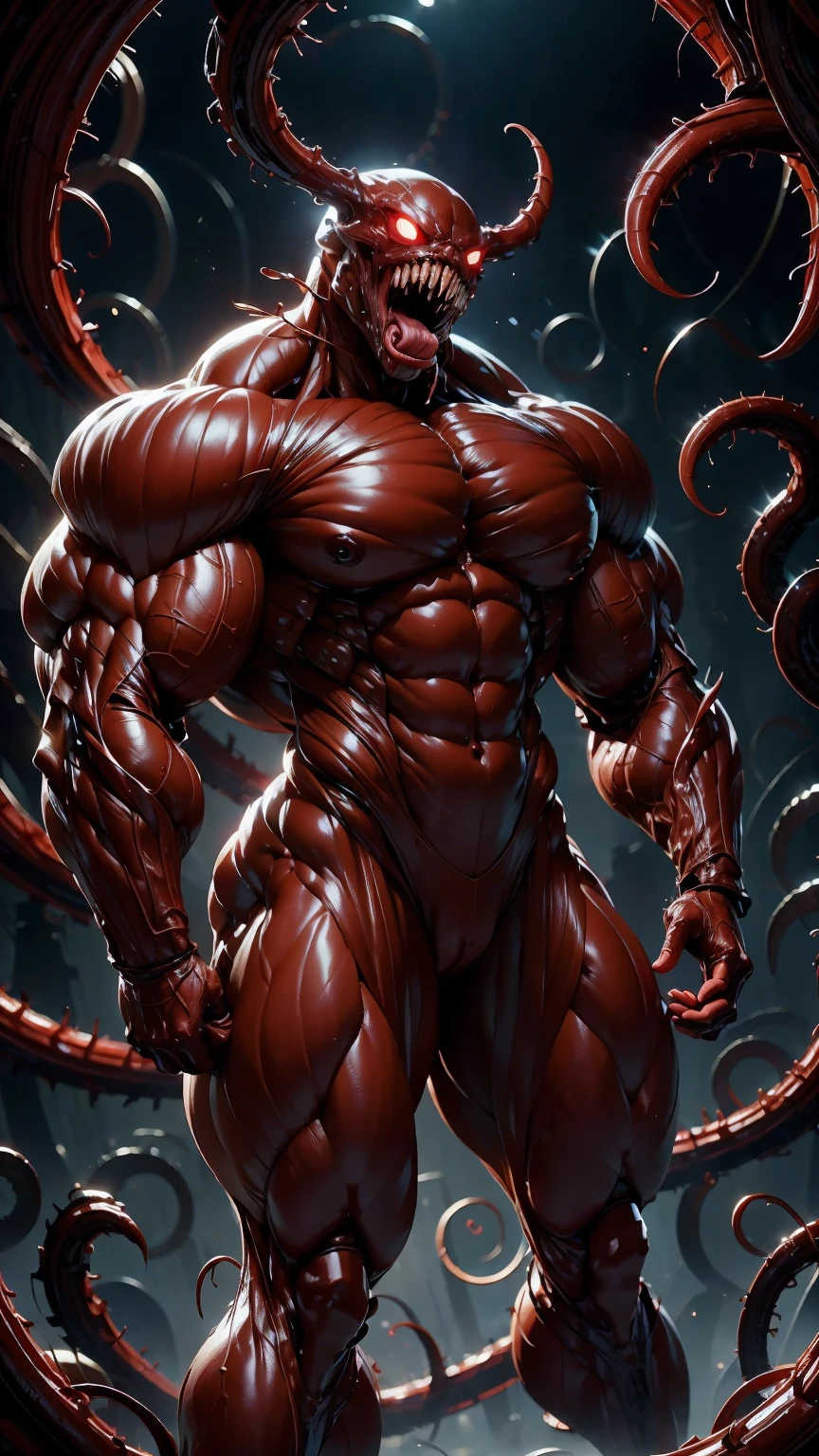 megan fox as a vampiric muscular red carnage, (mouth wide open with tongue out:1.25), (red carnage anatomic muscular bio-mecha muscle suit:1.25), (body totally covered in muscles, veins, tendons), (perfect muscular anatomy), (wide upper body:1.25), (thin legs:1.25), (beautiful face:1.25)