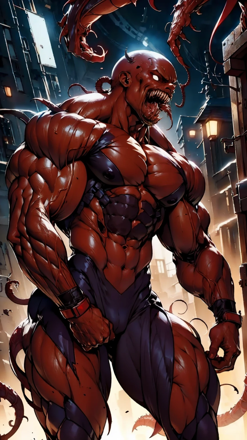 megan fox as a vampiric muscular red carnage, (mouth wide open with tongue out:1.25), (red carnage anatomic muscular bio-mecha muscle suit:1.25), (body totally covered in muscles, veins, tendons), (perfect muscular anatomy), (wide upper body:1.25), (thin legs:1.25), (beautiful face:1.25)