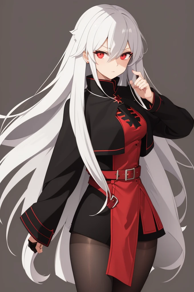 1girl, solo, long white hair, red eyes, ((holding battleaxe)), black footwear, boots, pantyhose, cross, knee boots, looking at viewer, belt, capelet, hair between eyes, long sleeves, black capelet, black pantyhose