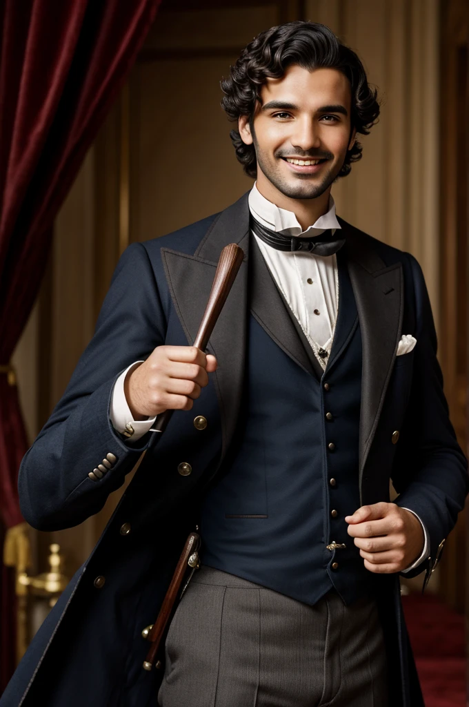 Member of Locomia high-resolution image of Juan Antonio Fuentes Ferret dressed in a Victorian-style suit with fans, one in each hand, and his flirtatious smile, medium short curly hair