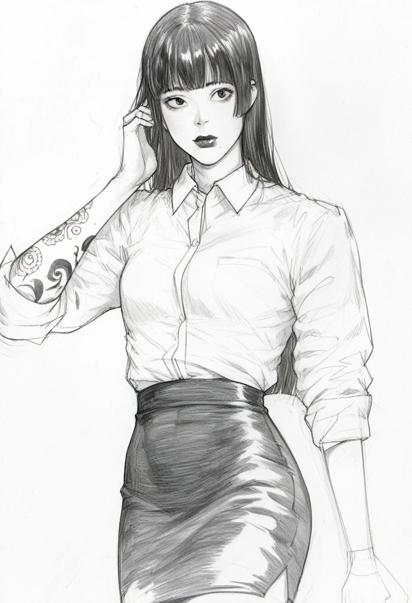 score_9, score_8_up, score_7_up, score_6_up, score_5_up, score_4_up, BREAKsketch, shinji_chibana_artstyle, traditional pencil style, pencil drawing, monochrome, detailed background, detailed background, Asian, white shirt, black skirt, rolled up sleeves, sunny, lovely, hime cut hair, curious face, black lips, black eyes, tattoos
