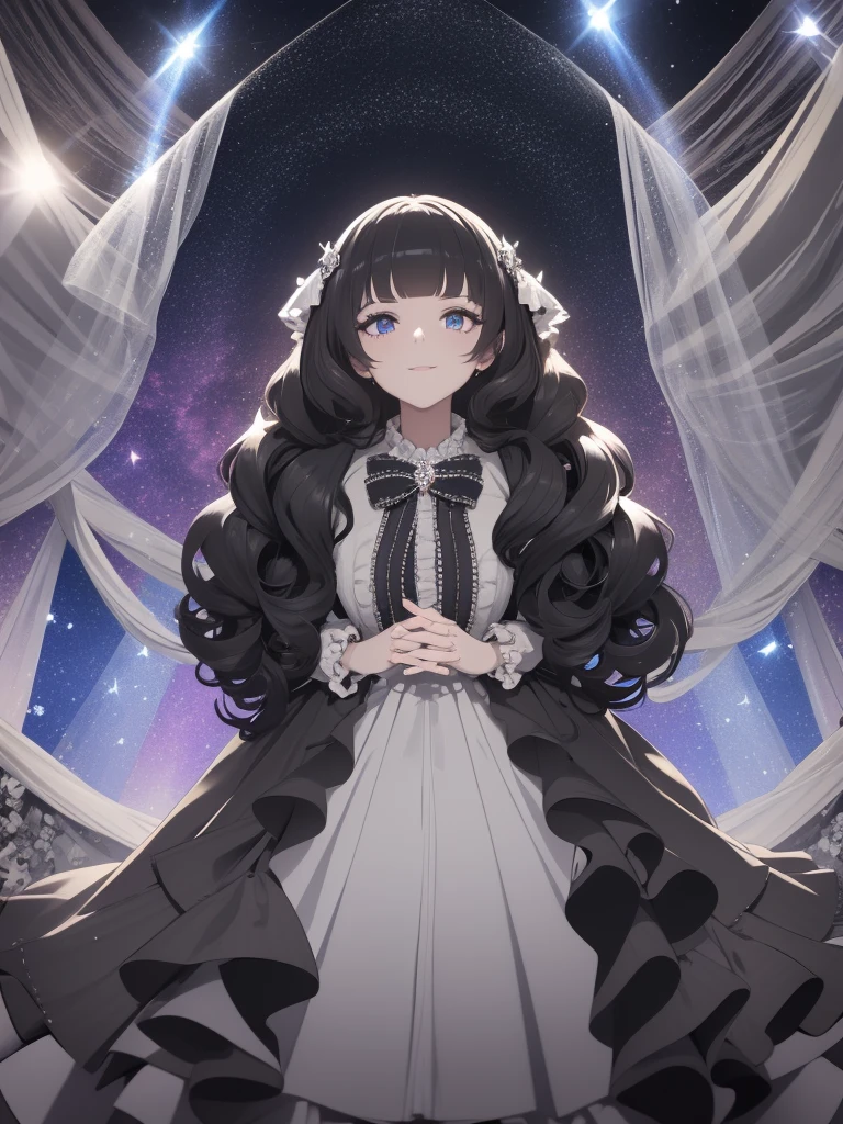 Dramatic composition, Court-style dress, Royal, nice, カスケードFrills, Frills, bow, Crystal Chandelier, Roman Curly Hairstyles, to place, Drill-like double ponytail, Looking at the camera, bangs, Maximalism, Palace-like background, Delicate depiction of hair and eyes, Princess Dress, nice skirts, Flowers in hands, smile, Starry Eyes, Cinematic Light, Attention to detail, High resolution, Happy girl, Very long hair, diamond, broken diamond, Crystal Fragment, Particles of light