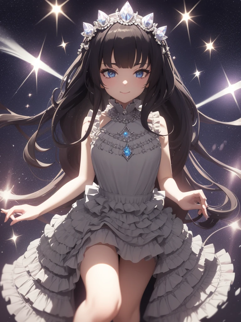 absurderes,(masterpiece、top-quality、8K ),intricate detailes,ultra-detailliert、1 down, (trap ,Otokonoko, Tom Girl:1.2), Solo, Male Focus, Very long hair, Cute anime face,(A slight smil:1.4),Indoor, ( flat chest, Bulge:1.2),((blush)), Black hair, Purple eyes, (Idol costumes、White dress with lots of frills:1.4),white knee highs、stage、spot light、Stand Microphone、Flowered headband、Hyper realistic,Perfect Anatomy
