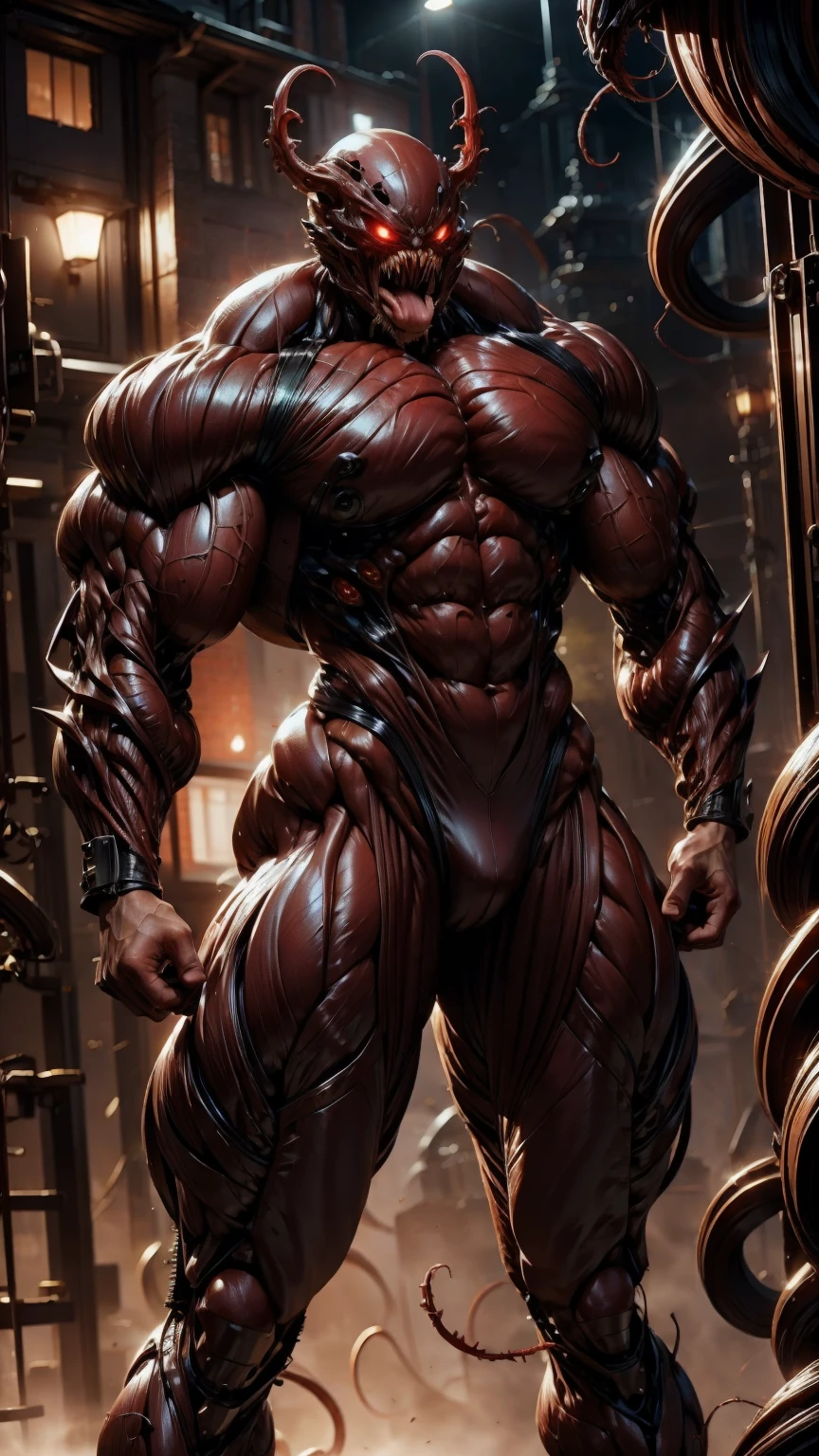megan fox as a vampiric muscular red carnage, (mouth wide open with tongue out:1.25), (red carnage anatomic muscular bio-mecha muscle suit:1.25), (body totally covered in muscles, veins, tendons), (perfect muscular anatomy), (wide upper body:1.25), (thin legs:1.25), (beautiful face:1.25)