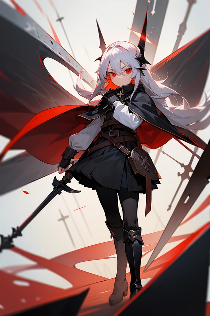 1girl, solo, long white hair, red eyes, ((holding battleaxe)), black footwear, boots, pantyhose, cross, knee boots, looking at viewer, belt, capelet, hair between eyes, long sleeves, black capelet, black pantyhose