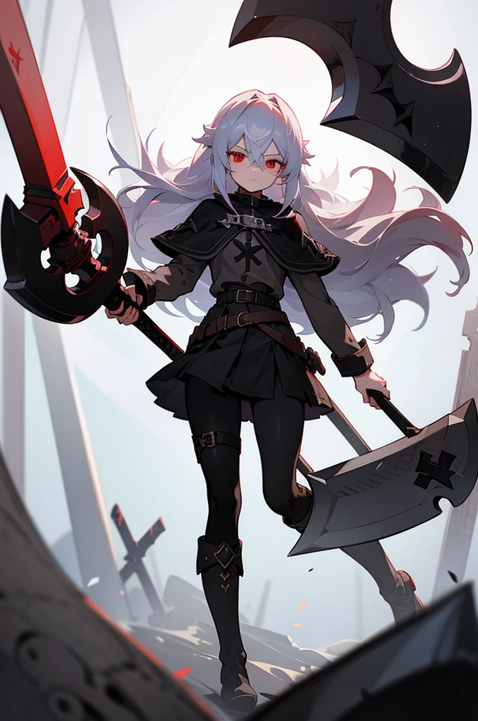 1girl, solo, long white hair, red eyes, ((holding battleaxe)), black footwear, boots, pantyhose, cross, knee boots, looking at viewer, belt, capelet, hair between eyes, long sleeves, black capelet, black pantyhose