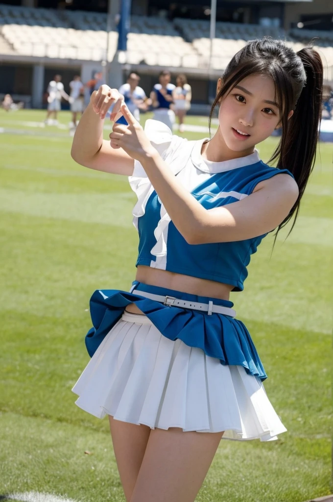 (Beautiful Japanese girl in her early teens), (White pants), (Photographed from below), Cheerleader's legs spread, Hidden nipples, 1 girl, solo, cheerleader, perfect hands, open mouth, sad expression, long hair, blush, black hair, ponytail, belt, belly button, crop top, blue skirt, pleated skirt, removable sleeves, elbow gloves, looking at viewer, outdoor, stadium