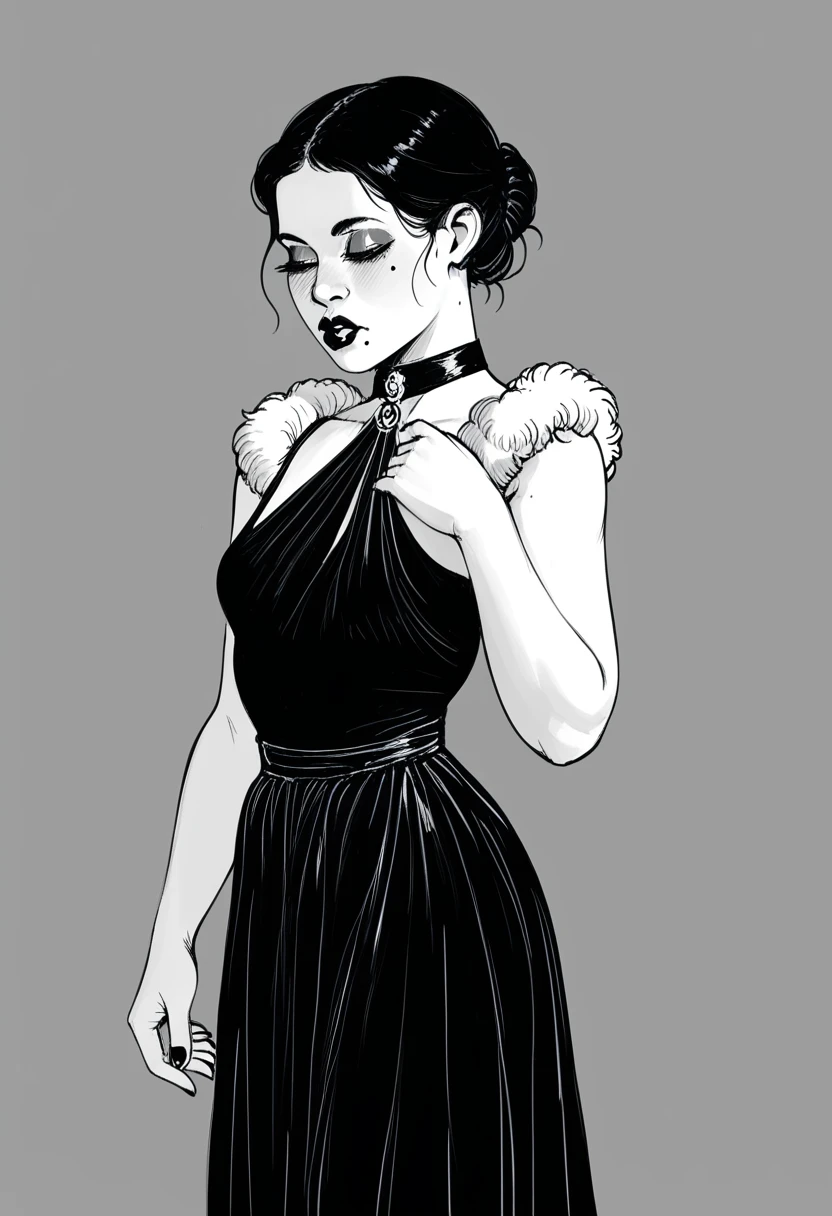 score_9, score_8_up, score_7_up, score_6_up BREAK, monochrome, sp1t, hatching texture, 1girl,solo, slim, pale skin tone, beauty mark, dark lipstick, regal dressing, fur trimmed black dress, dark background, bun hairstyle,