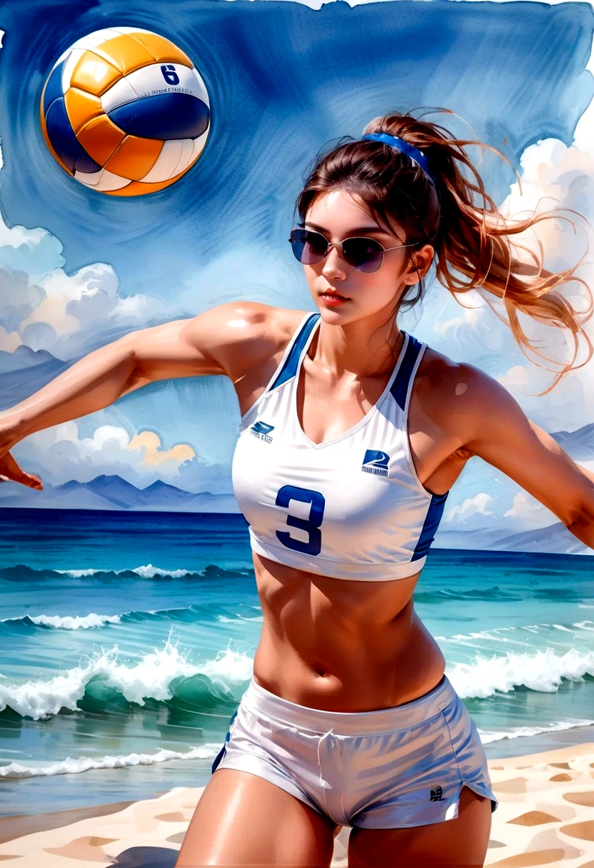 1girl, Beach Volleyball, watercolor painting of a volleyball, in the water on a beach, soft multilayered, perfect composition, complementary colors, fine details, masterpiece, best quality, very aesthetic, absurdres