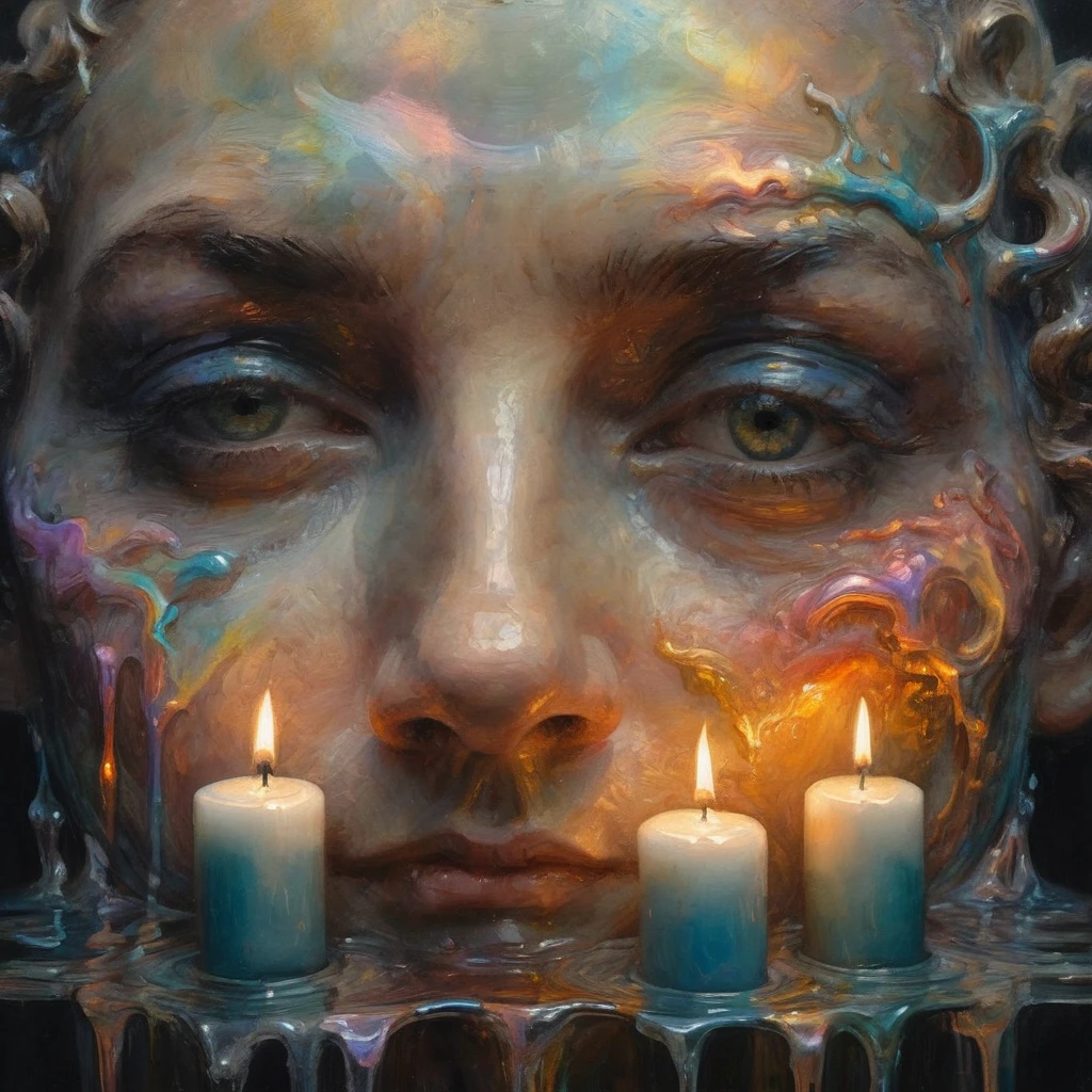 double exposure, fascinating detailed soft painting of a human face, melting sculpture sculpture of a beautiful sunset, made entirely of transitional elements with iridescent liquid in them, with tubes coming out of them, on a dark field with candles, muted colours, neoclassical, baroque, brutal architecture, in the style of Rembrandt