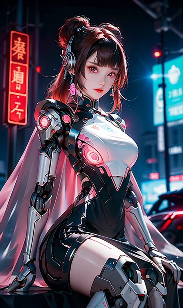 1 girl, Chinese_clothes, metallic black titanium and pink, cyberhan, cheongsam, cyberpunk city, dynamic pose, detailed luminescent headphones, luminous hair accessories, long hair, luminous earrings, glowing necklace, cyberpunk, high-tech city, full of mechanical and futuristic elements, futuristic, technology, glowing neon, pink, pink light, sexy skirt, translucent black cape, laser light, digital background urban sky, big moon, with vehicle, best quality, masterpiece, 8K, Character edge light, super high detail, high quality, the most beautiful woman in human beings, smile, face facing front and left and right symmetry, ear decoration, long antenna glow, beautiful pupils, light effects, visual data, silver-red-orange hair dyed hair, ultra-detailed face texture, happy, weapon system, crowded street passers-by, mecha style, overhead luminous antenna, back jet, girl sitting