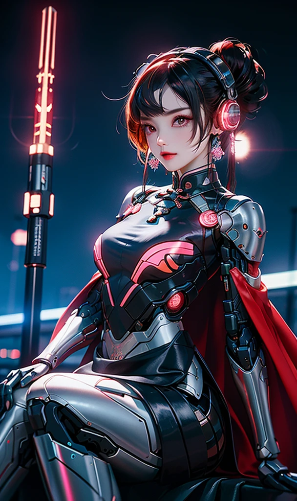 1 girl, Chinese_clothes, metallic black titanium and pink, cyberhan, cheongsam, cyberpunk city, dynamic pose, detailed luminescent headphones, luminous hair accessories, long hair, luminous earrings, glowing necklace, cyberpunk, high-tech city, full of mechanical and futuristic elements, futuristic, technology, glowing neon, pink, pink light, sexy skirt, translucent black cape, laser light, digital background urban sky, big moon, with vehicle, best quality, masterpiece, 8K, Character edge light, super high detail, high quality, the most beautiful woman in human beings, smile, face facing front and left and right symmetry, ear decoration, long antenna glow, beautiful pupils, light effects, visual data, silver-red-orange hair dyed hair, ultra-detailed face texture, happy, weapon system, crowded street passers-by, mecha style, overhead luminous antenna, back jet, girl sitting