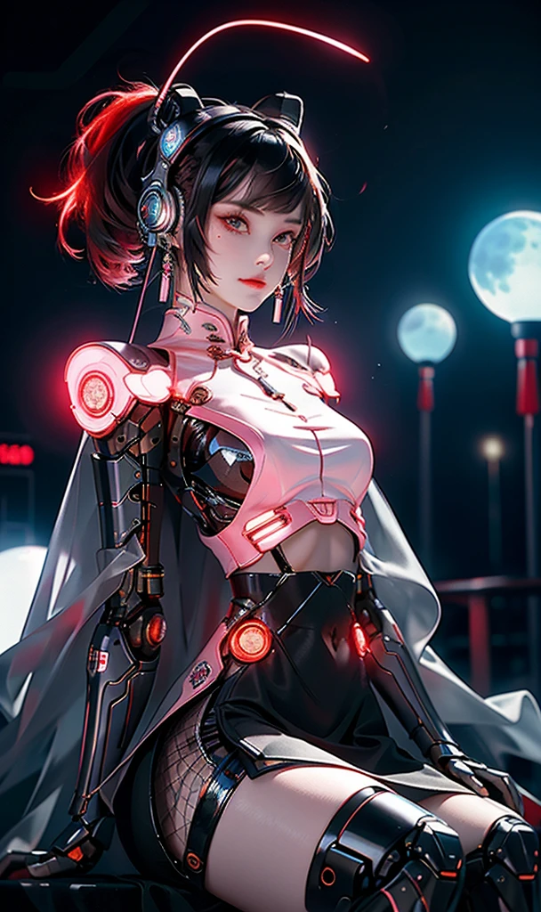 1 girl, Chinese_clothes, metallic black titanium and pink, cyberhan, cheongsam, cyberpunk city, dynamic pose, detailed luminescent headphones, luminous hair accessories, long hair, luminous earrings, glowing necklace, cyberpunk, high-tech city, full of mechanical and futuristic elements, futuristic, technology, glowing neon, pink, pink light, sexy skirt, translucent black cape, laser light, digital background urban sky, big moon, with vehicle, best quality, masterpiece, 8K, Character edge light, super high detail, high quality, the most beautiful woman in human beings, smile, face facing front and left and right symmetry, ear decoration, long antenna glow, beautiful pupils, light effects, visual data, silver-red-orange hair dyed hair, ultra-detailed face texture, happy, weapon system, crowded street passers-by, mecha style, overhead luminous antenna, back jet, girl sitting