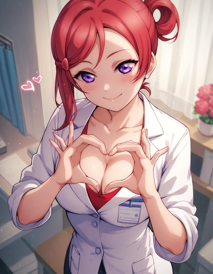 Maki nishikino,solo,love live,highres,red hair , purple eyes,blush ,cleavage ,collarbone ,doctor ,infirmary ,lab coat , pencil skirt , heart hands 