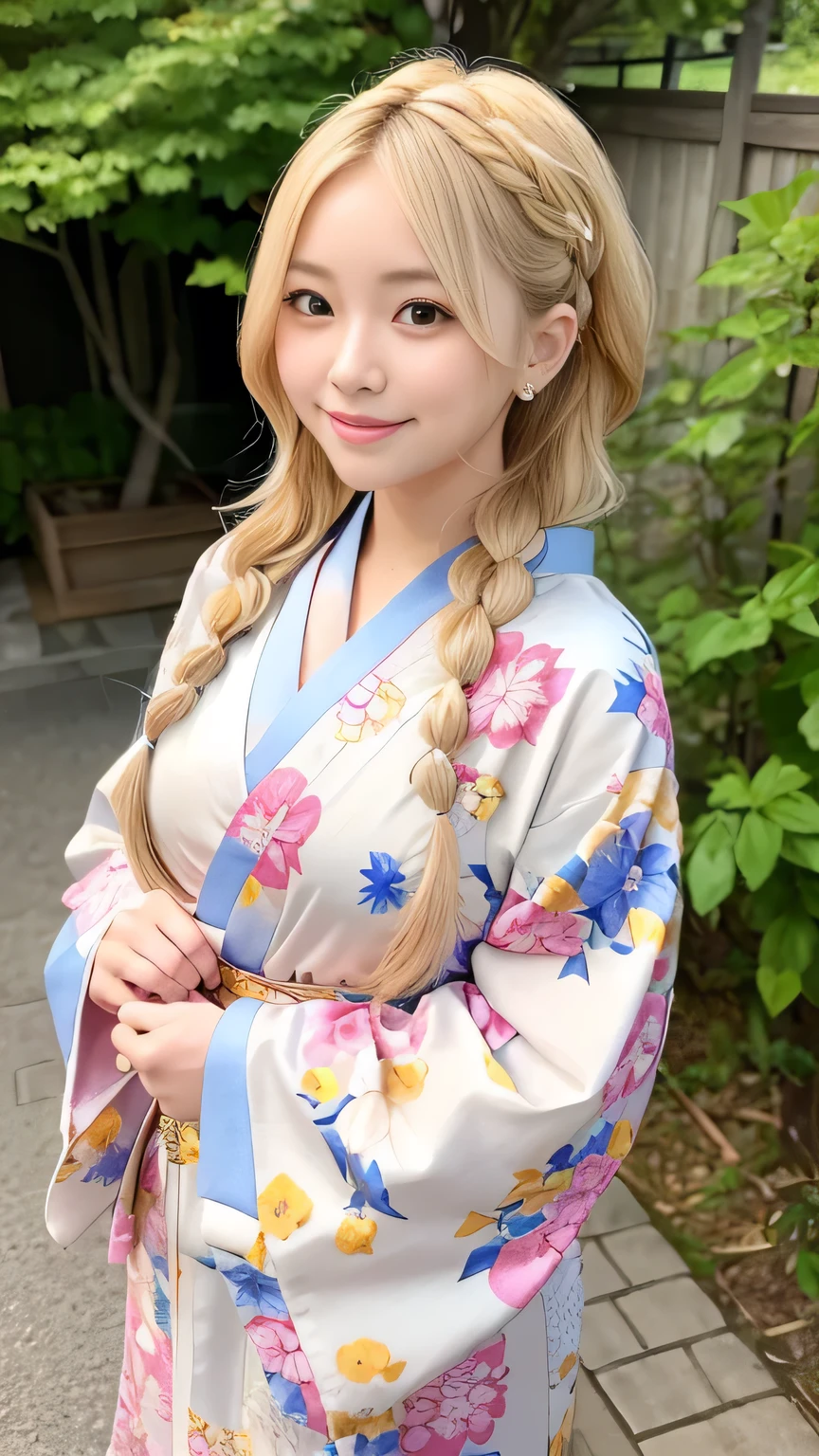 (Tabletop:1.3),( Masterpiece, highest quality), 98k, ((Perfect Anatomy:1.2)),Beautiful Japanese Women, Succubus,(one person:1.3), 20-year-old, Small face,(Cute face:1.2),Smiling, Larger breasts, ,Beautiful and detailed eyes, Evenly spaced eyes 1.2, long platinum blonde hair,(Braided Up Hairstyles), (Highly detailed face and skin texture), Beautiful face in golden proportions,White skin,(Kimono Beauty:1.2),Random sexy poses、(Expose the valley:1.3)