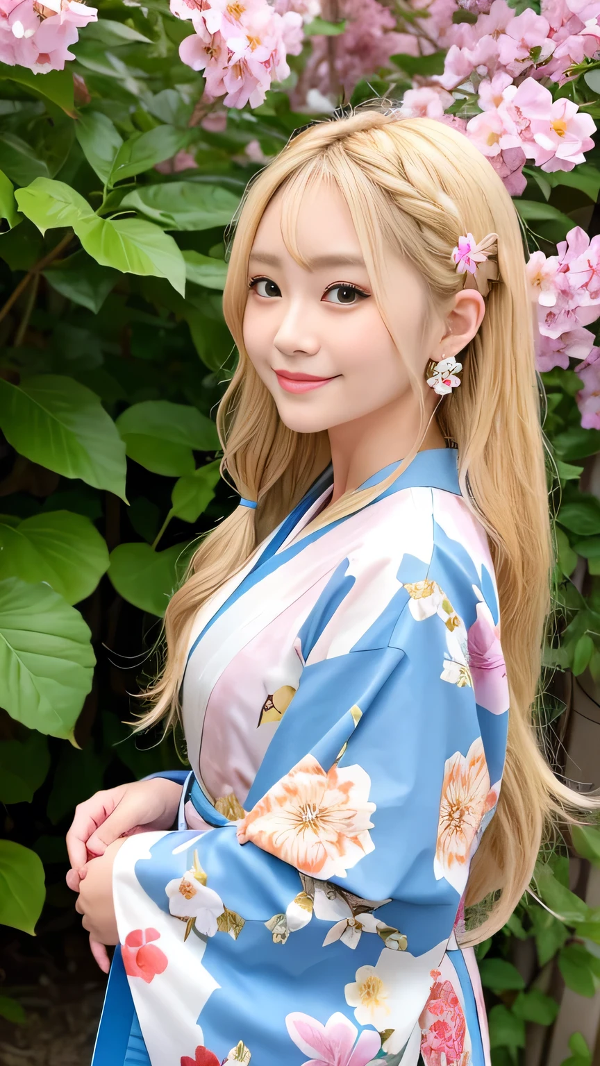 Blonde kimono beauty、Gorgeous floral patterned kimono、My cute girlfriend is a kimono model..、Brown eyes、Beautiful smile、He is short、Braiding、hair ornaments、Colorful and showy kimono、