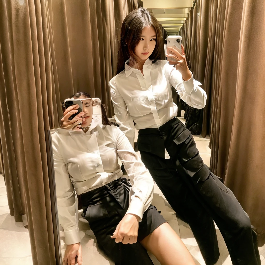 Highest quality、Delicate skin、Black pantsuit、Wearing a white shirt、like々Shii、ＣCup Bust、Taking a full-body selfie、Unbuttoned shirt