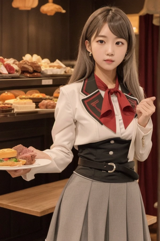 æ®é²å¡å¨,1girl,dog ears,grey hair,long hair,very long hair,bangs,red eyes,ears down,dog girl,solo,
red bowtie,white jacket,open jacket,red skirt,neck ribbon,dog tail,black pantyhose,breasts,((huge belly)),belt,black corset,long sleeves,,white shirt,high-waist skirt,collared shirt,
meat,eating,holding food,food,, Exquisite visuals, high-definition,masterpiece,best quality,