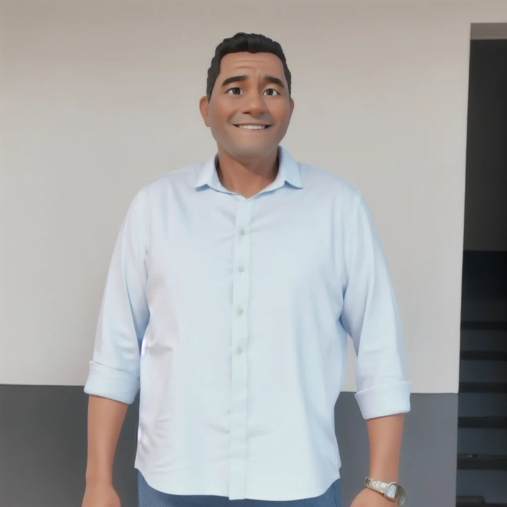 50-year-old man, black hair, smiling, white dress shirt, blue pants