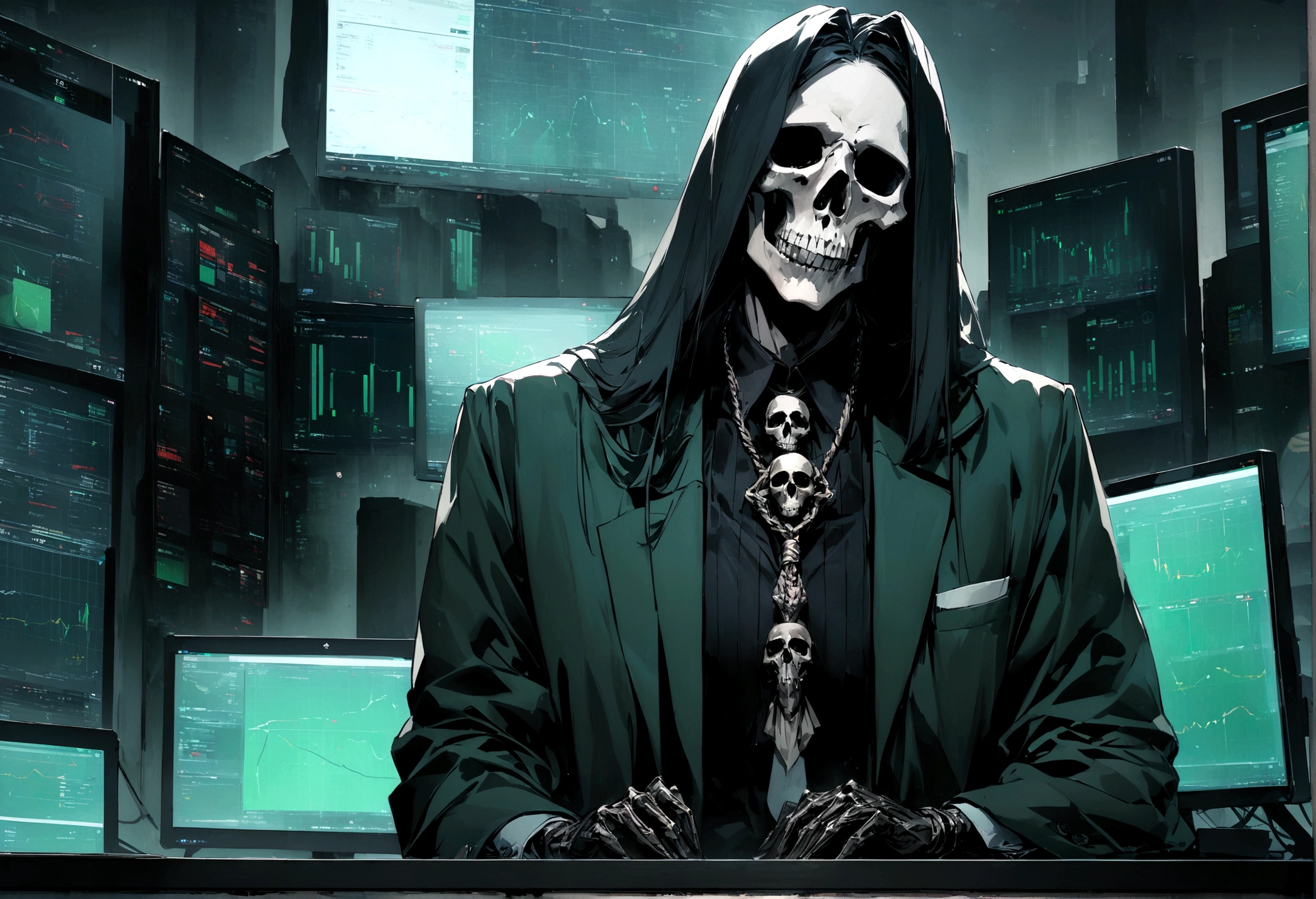 "An evil skull day trader sitting in front of several computers trading in the financial market on the mt5 platform, high quality image. Add the text to the image "Eder Santo Professional trader investments the terror in the financial market"