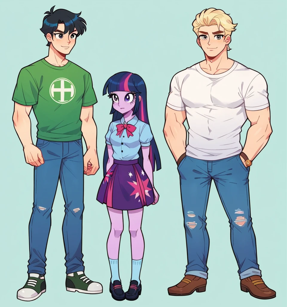 ((High Quality)) ((Perfect Cartoon autonomy)) Masterpiece, Twilight Sparkle and Lloyd, 1 girl and 1 boy only, Twilight Sparkle is wearing purple t-shirt with a skirt While Lloyd is wearing a white t-shirt with a green zip up hoodie and blue jeans, Twilight Sparkle and Lloyd are in the High School hallways, Twilight Sparkle Equestria Girls, Lloyd Ninjago, full bodies, Standing in the School hallways, Twilight Sparkle and Lloyd, cuerpo completo, high resolusion