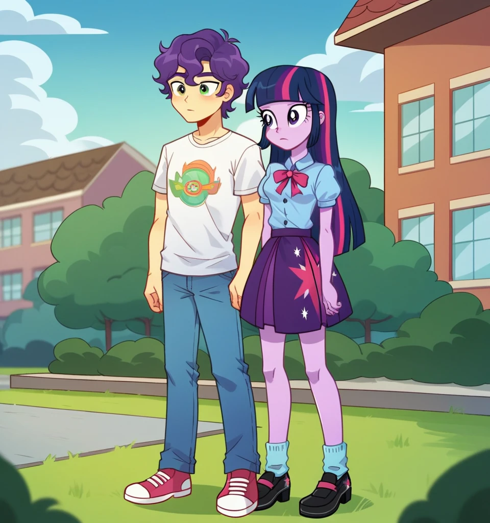 ((High Quality)) ((Perfect Cartoon autonomy)) Masterpiece, Twilight Sparkle and Lloyd, 1 girl and 1 boy only, Twilight Sparkle is wearing purple t-shirt with a skirt While Lloyd is wearing a white t-shirt with a green zip up hoodie and blue jeans, Twilight Sparkle and Lloyd are in the High School hallways, Twilight Sparkle Equestria Girls, Lloyd Ninjago, full bodies, Standing in the School hallways, Twilight Sparkle and Lloyd, cuerpo completo, high resolusion