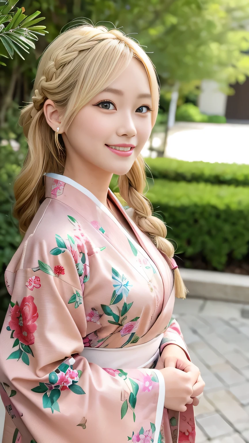 Blonde kimono beauty、Gorgeous floral patterned kimono、My cute girlfriend is a kimono model..、Brown eyes、Beautiful smile、He is short、Braiding、hair ornaments、Colorful and showy kimono、