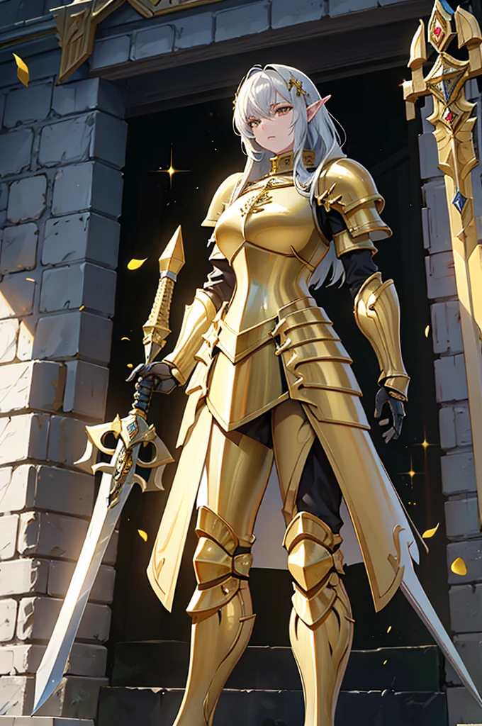 Woman in armor, standing with glaive, girl in armor, gorgeous female paladin, alluring elf princess knight, from line 2, Dressed in heavy armor, female paladin, picture of female paladin, female paladin в стиле фэнтези, extremely detailed art germ, female knight, of a beautiful female knight, beautiful female knight, Arafed statue of a knight with sword and shield, golden paladin armor, Warhammer Emperium Style, Ares in heavy armor and sword, Adeptus Custodes Centurion, heavy gold armor, Heavy golden armor, golden paladin, Fantasy art of Warhammer, War Hammer, Epic Paladin Armor, warhammer 4 0k fantasy, golden heavy armor. Dramatic, golden eyes, Silver Hair, pale skin, height 194 cm