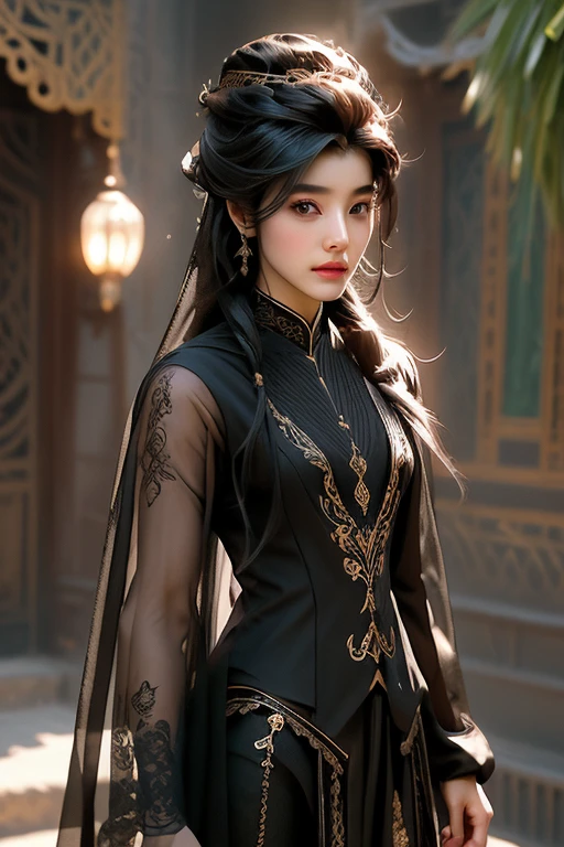 a beautiful arabwoman in a black suit, extremely detailed anatomy, high quality skin, 8k, neodada, androgynous prince in feather suit, stylish androgynous humanoid, androgynous nobility, beautiful androgynous prince, androgynous person, inspired by zhang han, trending in cg society, square enix style game,fashion portrait photography