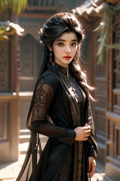 a beautiful arabwoman in a black suit, extremely detailed anatomy, high quality skin, 8k, neodada, androgynous prince in feather suit, stylish androgynous humanoid, androgynous nobility, beautiful androgynous prince, androgynous person, inspired by zhang han, trending in cg society, square enix style game,fashion portrait photography
