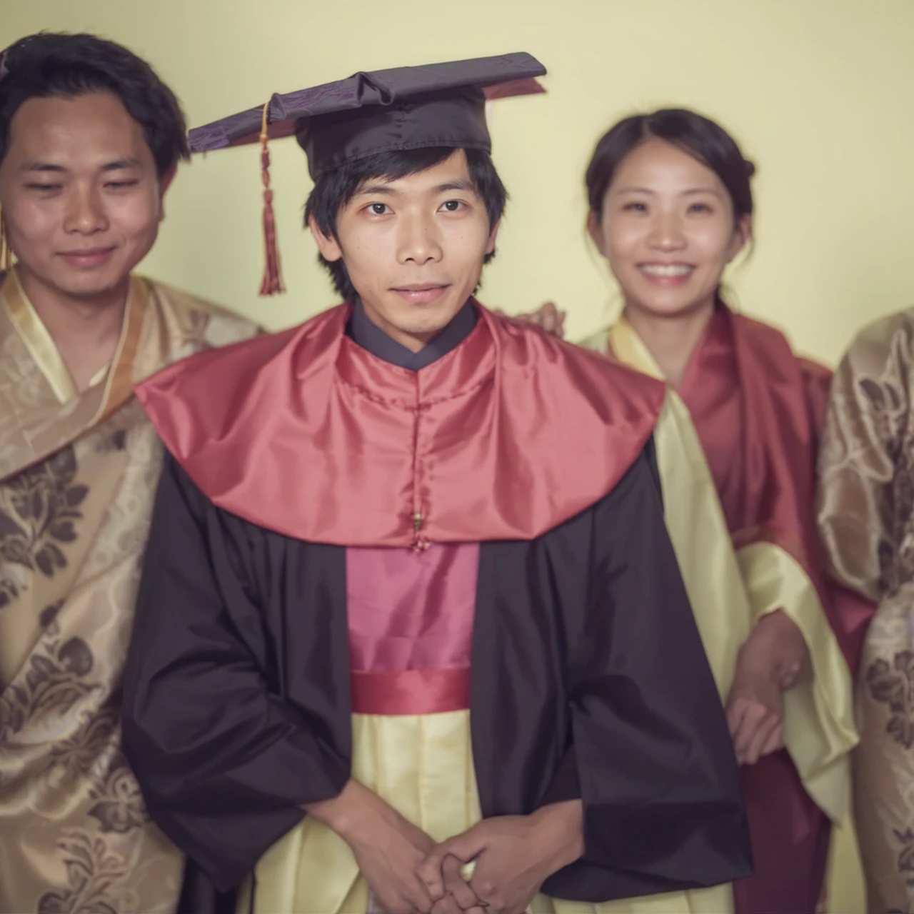  The image captures a touching moment from a family celebrating graduation. The graduate sat between his mother and older sister, the mother and brother wore traditional Indonesian batik clothes. proudly posing for a photo, with graduates at the center of their excitement.