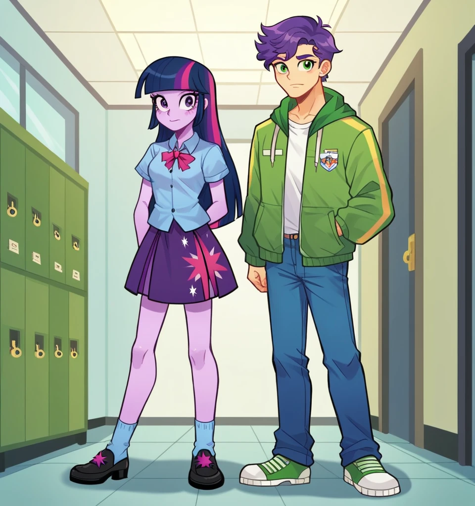 ((High Quality)) ((Perfect Cartoon autonomy)) Masterpiece, Twilight Sparkle and Lloyd, 1 girl and 1 boy only, Twilight Sparkle is wearing purple t-shirt with a skirt While Lloyd is wearing a white t-shirt with a green zip up hoodie and blue jeans, Twilight Sparkle and Lloyd are in the High School hallways, Twilight Sparkle Equestria Girls, Lloyd Ninjago, full bodies, Standing in the School hallways, Twilight Sparkle and Lloyd, cuerpo completo, high resolusion