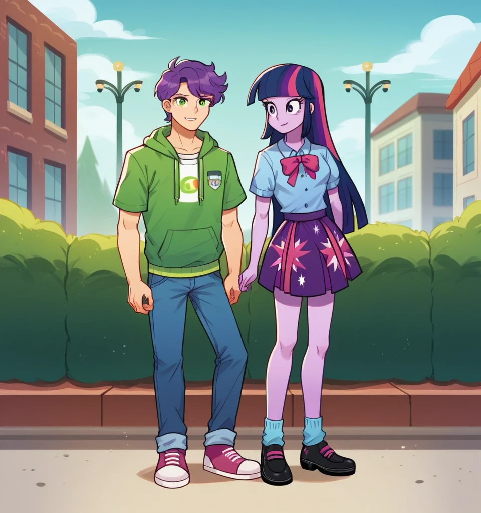 ((High Quality)) ((Perfect Cartoon autonomy)) Masterpiece, Twilight Sparkle and Lloyd, 1 girl and 1 boy only, Twilight Sparkle is wearing purple t-shirt with a skirt While Lloyd is wearing a white t-shirt with a green zip up hoodie and blue jeans, Twilight Sparkle and Lloyd are in the High School hallways, Twilight Sparkle Equestria Girls, Lloyd Ninjago, full bodies, Standing in the School hallways, Twilight Sparkle and Lloyd, cuerpo completo, high resolusion