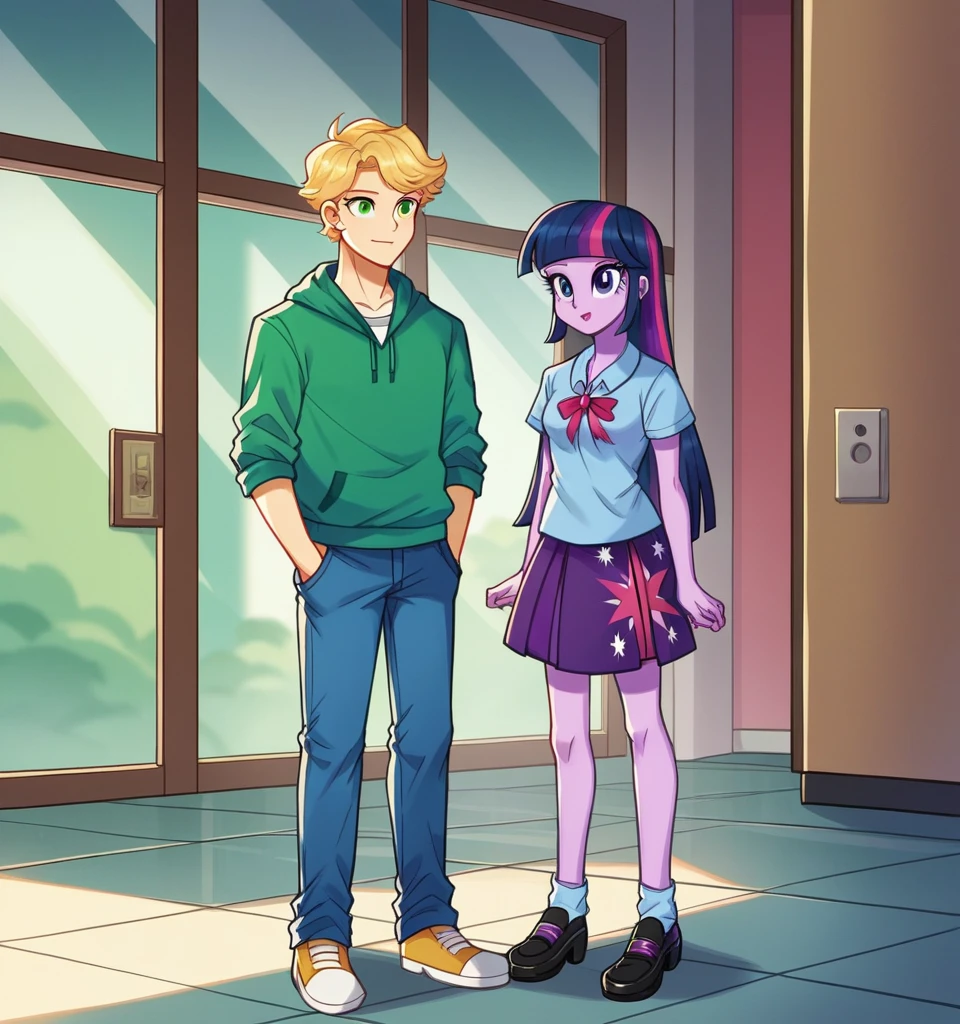 ((High Quality)) ((Perfect Cartoon autonomy)) Masterpiece, Twilight Sparkle and Lloyd, 1 girl and 1 boy only, Twilight Sparkle is wearing purple t-shirt with a skirt While Lloyd is wearing a white t-shirt with a green zip up hoodie and blue jeans, Twilight Sparkle and Lloyd are in the High School hallways, Twilight Sparkle Equestria Girls, Lloyd Ninjago, full bodies, Standing in the School hallways, Twilight Sparkle and Lloyd, cuerpo completo, high resolusion