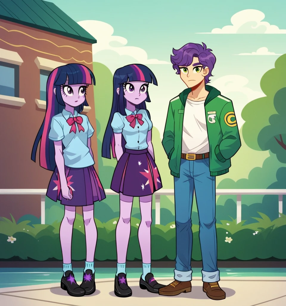 ((High Quality)) ((Perfect Cartoon autonomy)) Masterpiece, Twilight Sparkle and Lloyd, 1 girl and 1 boy only, Twilight Sparkle is wearing purple t-shirt with a skirt While Lloyd is wearing a white t-shirt with a green zip up hoodie and blue jeans, Twilight Sparkle and Lloyd are in the High School hallways, Twilight Sparkle Equestria Girls, Lloyd Ninjago, full bodies, Standing in the School hallways, Twilight Sparkle and Lloyd, cuerpo completo, high resolusion