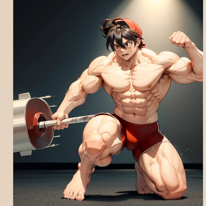 (A detailed drawing of red with a red baseball cap on his head , Bodybuilding-Fitnessstudio.), With a naked torso, oiled body, Ripping clothes, the strongest of all, huge muscular body, big Bizeps, big shoulders, Muscle legs,abs, Barefoot, Martial arts, high step, Full body image, side chest, Wrestling match won , beserk, lifting leg press 