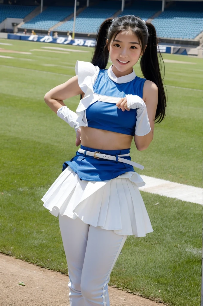 (Beautiful Japanese girl in her ), (White pants), (Photographed from below), Cheerleader's legs spread, Hidden nipples, 1 girl, solo, cheerleader, perfect hands, open mouth, sad expression, long hair, blush, black hair, ponytail, belt, belly button, crop top, blue skirt, pleated skirt, removable sleeves, elbow gloves, looking at viewer, outdoor, stadium