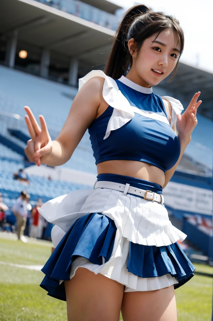 (Beautiful Japanese girl in her early teens), (White pants), (Photographed from below), Cheerleader's legs spread, Hidden nipples, 1 girl, solo, cheerleader, perfect hands, open mouth, sad expression, long hair, blush, black hair, ponytail, belt, belly button, crop top, blue skirt, pleated skirt, removable sleeves, elbow gloves, looking at viewer, outdoor, stadium