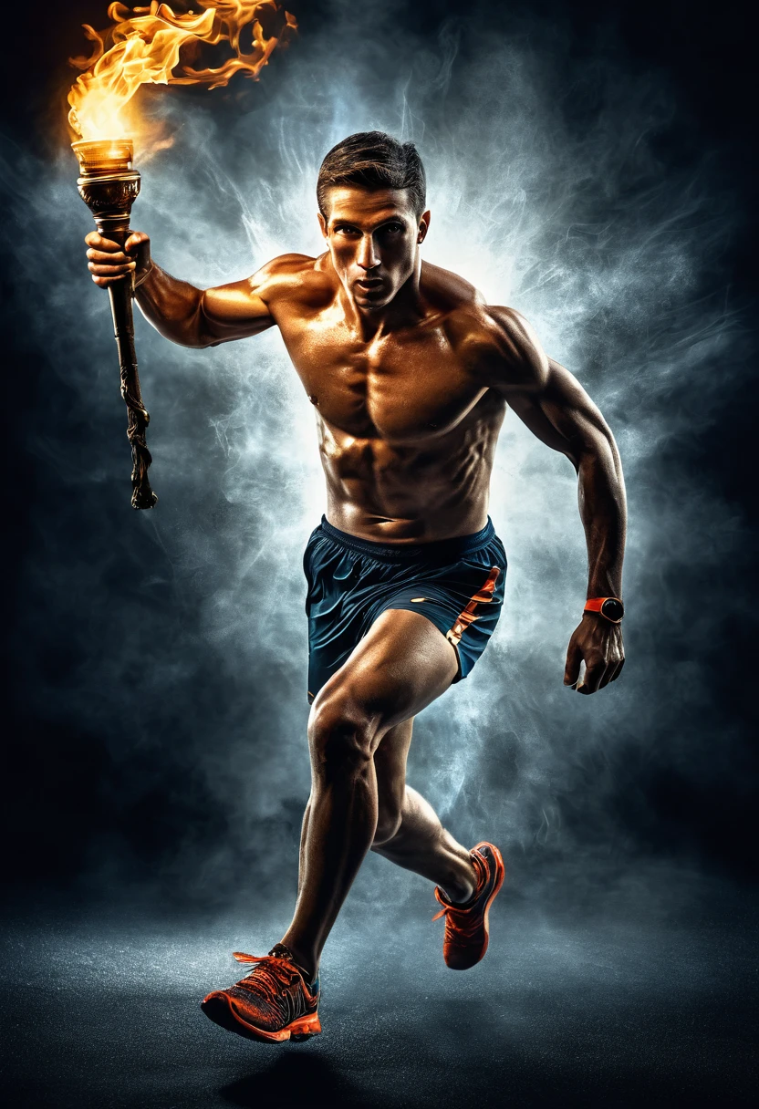 photoillustration of under exposure , an ancient Olympic athlete running with a torch in the hand(torch in hand 1.8)), seamless, light up eyes, texture and pattern, transparency effect, iconic running stance, holding a torch, dramatic shadows, dramatic lights, interlacing elements, front view, fantasy art, two tones, digital manipulated photo art, hyper-realistic, ultra-detailed, crisp clarity, high-contrast, luminous ambiance, rich textures, intricate patterns, vivid colors, cinematic lighting, photo realistic, accurate anatomical proportions, light-trail background
