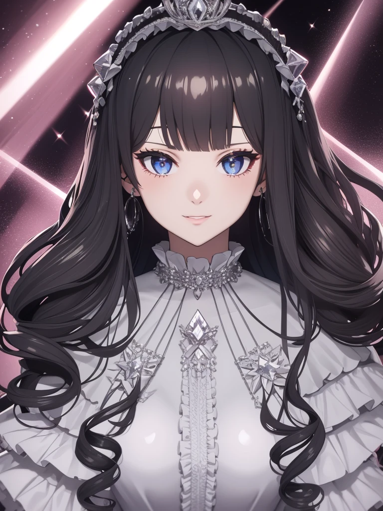 Dramatic composition, Court-style dress, Royal, nice, カスケードFrills, Frills, bow, Crystal Chandelier, Roman Curly Hairstyles, to place, Drill-like double ponytail, Looking at the camera, bangs, Maximalism, Palace-like background, Delicate depiction of hair and eyes, Princess Dress, nice skirts, Flowers in hands, smile, Starry Eyes, Cinematic Light, Attention to detail, High resolution, Happy girl, Very long hair, diamond, broken diamond, Crystal Fragment, Particles of light
