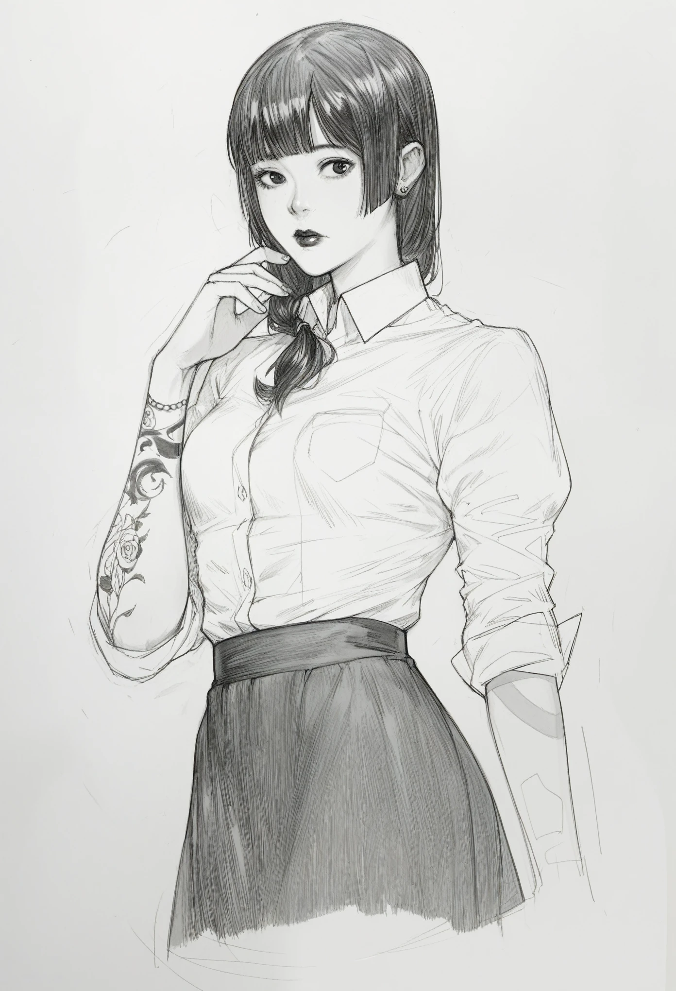 score_9, score_8_up, score_7_up, score_6_up, score_5_up, score_4_up, BREAKsketch, shinji_chibana_artstyle, traditional pencil style, pencil drawing, monochrome, detailed background, detailed background, Asian, white shirt, black skirt, rolled up sleeves, sunny, lovely, hime cut hair, curious face, black lips, black eyes, tattoos
