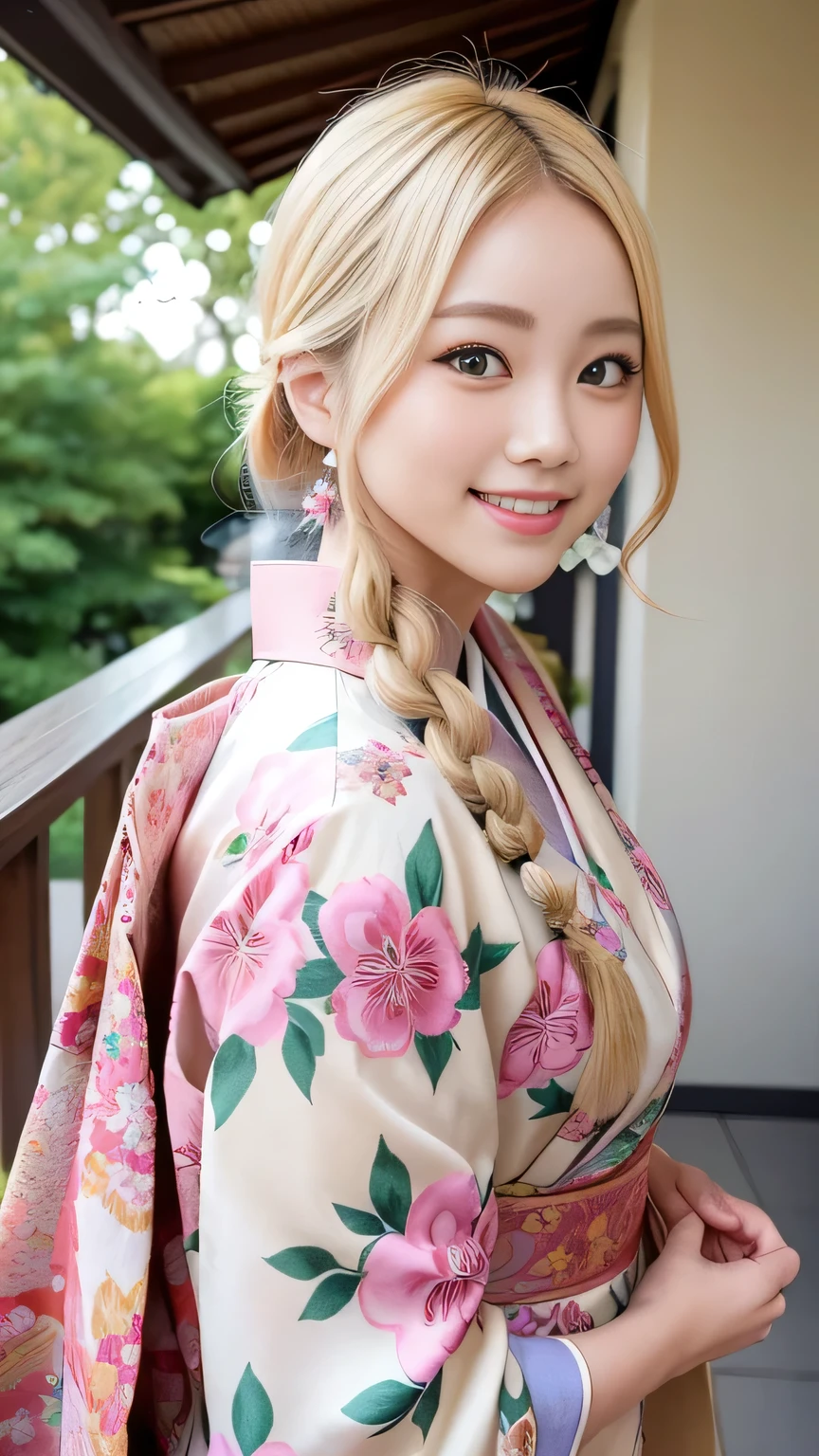 Blonde kimono beauty、Gorgeous floral patterned kimono、My cute girlfriend is a kimono model..、Brown eyes、Beautiful smile、He is short、Braiding、hair ornaments、Colorful and showy kimono、