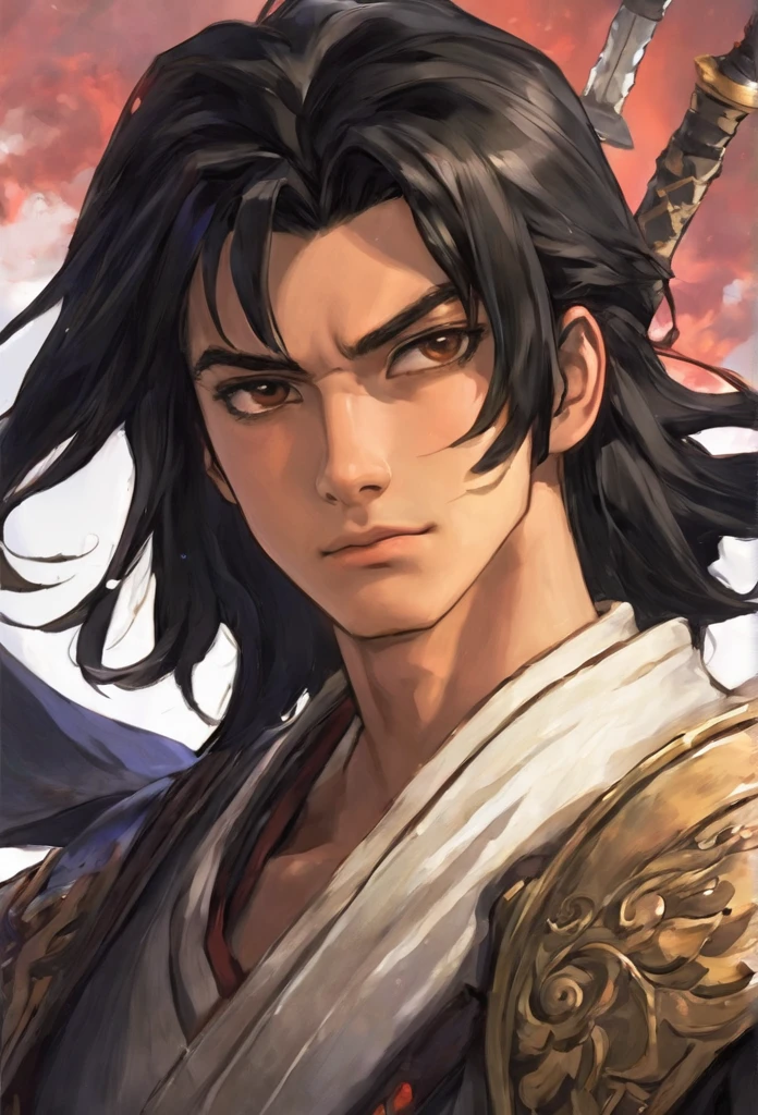 21 years old, male, human, adventurer, black hair, brown eyes, swordsman