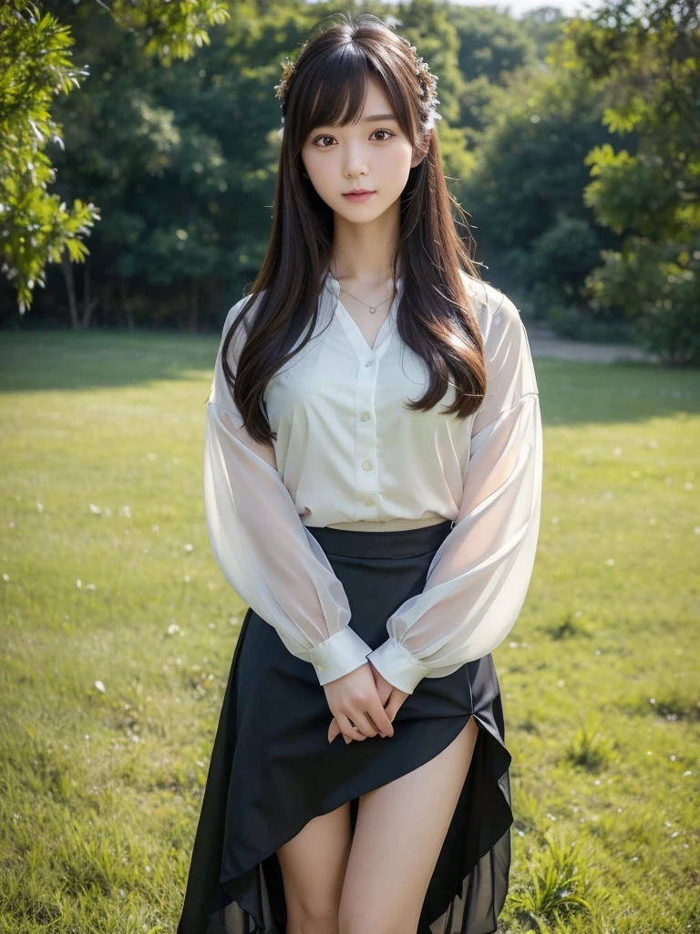Wrap skirt 、Chiffon blouse、(Highest quality)、((Very detailed))、4K、(8K)、masterpiece、Very detailedな、Highest quality、Super Resolution、1 person、Kind Face、Soft Light、RAW quality、Soft Skin、163cm、30 years old、knees、grass