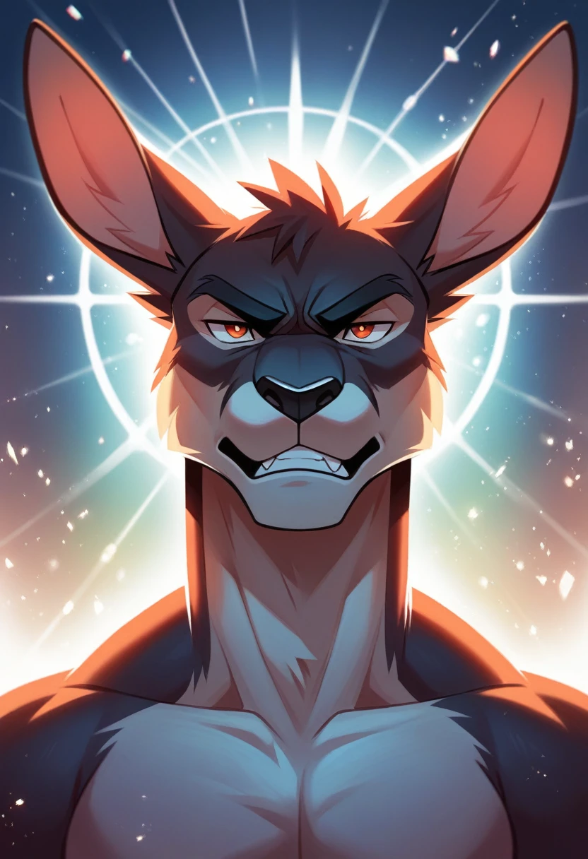 solo male, kangaroo , furry, red fur, angry expression Black fur stripe, netral, Traumatized face, dynamic lighting, illustration, beautiful, particles (high quality,4k,8k,highres,masterpiece:1.2), ultra-detailed, impressionistic:colorful,