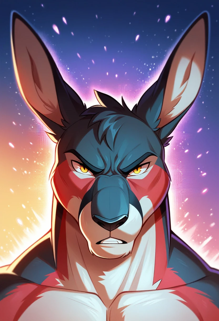 solo male, kangaroo , furry, red fur, angry expression Black fur stripe, netral, Traumatized face, dynamic lighting, illustration, beautiful, particles (high quality,4k,8k,highres,masterpiece:1.2), ultra-detailed, impressionistic:colorful,