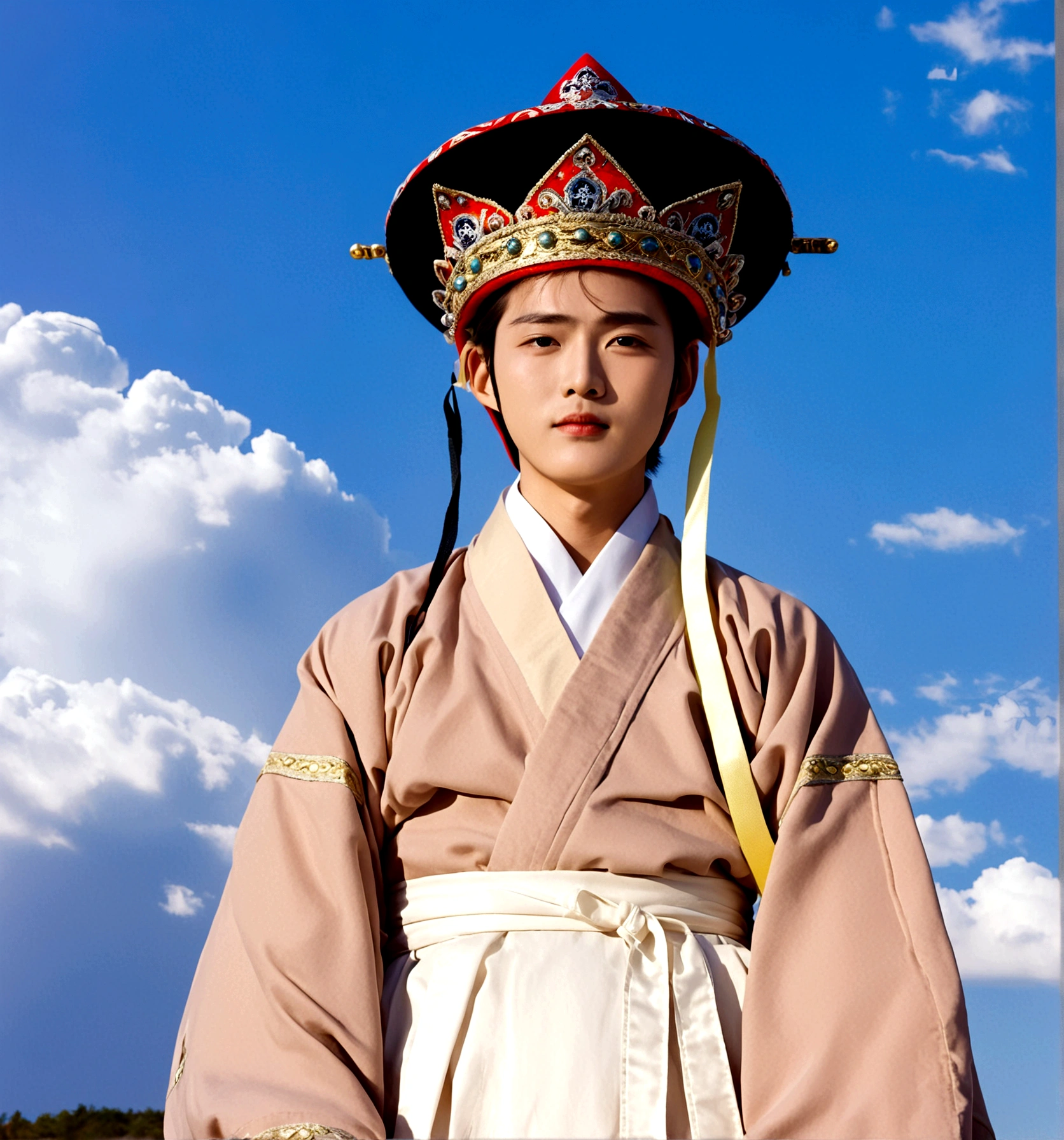 1boy, solo, looking at viewer, long sleeves, hat, closed mouth, upper body, outdoors, sky, day, cloud, blue sky, cloudy sky, crown, robe, korean clothes, traditional clothes, hanbok