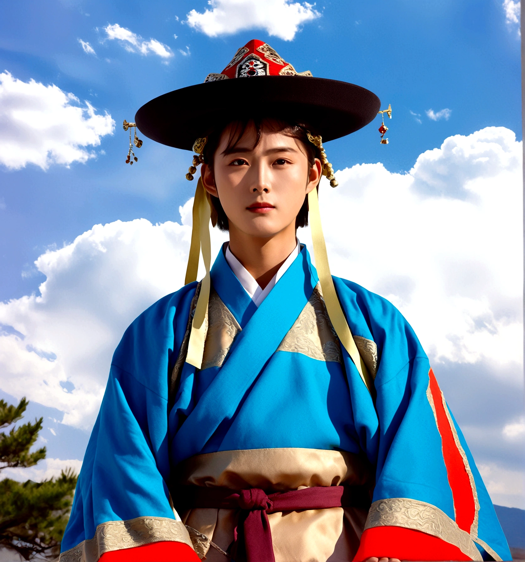 1boy, solo, looking at viewer, long sleeves, hat, closed mouth, upper body, outdoors, sky, day, cloud, blue sky, cloudy sky, crown, robe, korean clothes, traditional clothes, hanbok